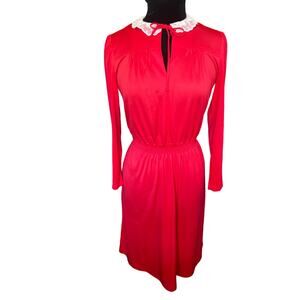 Vintage 70s Chipper Red Lace Collar Long Sleeve Midi Dress XS Small Cottage Boho